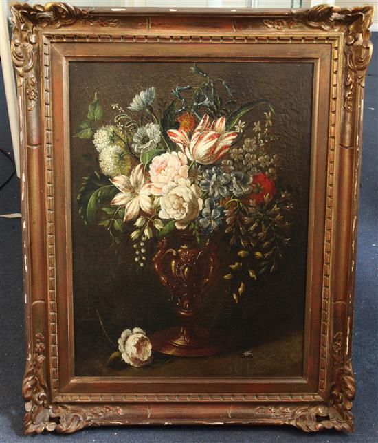 16th century Continental School Still life of flowers in an ornate vase, a wasp alongside 23 x 17in.
